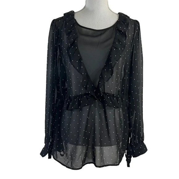Torrid Sheer Black and White Ruffled Polka Dot Blouse NWT $44.90 Size 00 - Picture 1 of 9